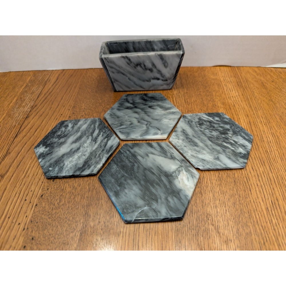4 MCM Handmade Black & White Marble Stone Coasters With Holder - Picture 3 of 3